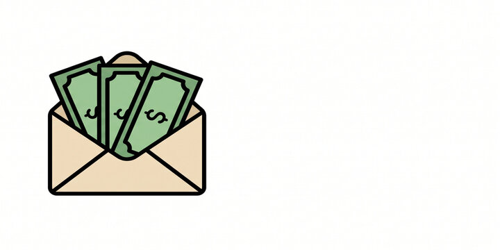 Vector illustration of cash dollar bills sticking out of an open envelope representing payment salary or financial gift