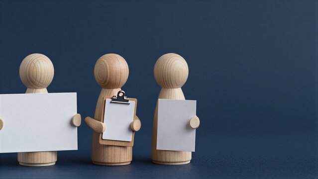 Three wooden figures hold blank papers, symbolizing teamwork or decision-making.