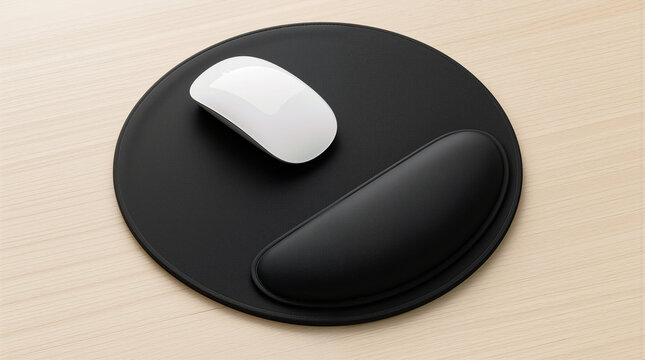 Ergonomic Black Round Mouse Pad with Wrist Rest Support and Modern White Wireless Computer Mouse on Wooden Office Desk