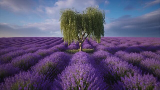 Green willow branches sway over purple lavender field under blue sky