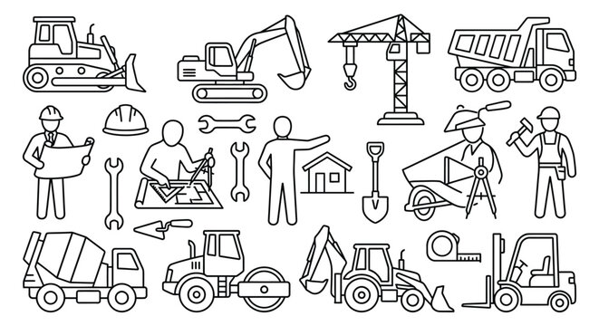 Construction Industry and Heavy Machinery Line Icon Set