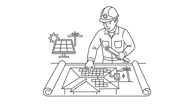 Engineer Planning Solar Panel Installation on Rooftop Blueprint Line Art Illustration