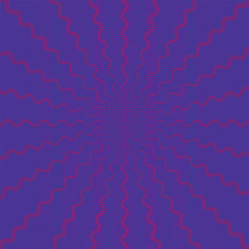 Psychedelic purple sunburst background with wavy pink rays. Retro trippy spiral pattern for music posters and social media. Abstract hypnotic radial design with vibrant neon colors.