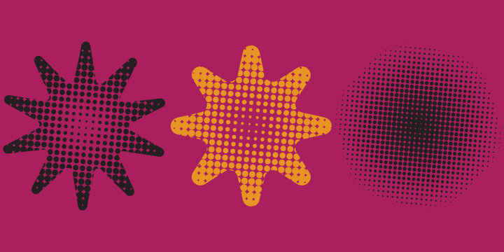 Retro halftone starburst shapes on pink background, vintage pop art dot pattern elements, set of 3 geometric vector icons for y2k aesthetic posters and trendy graphic design