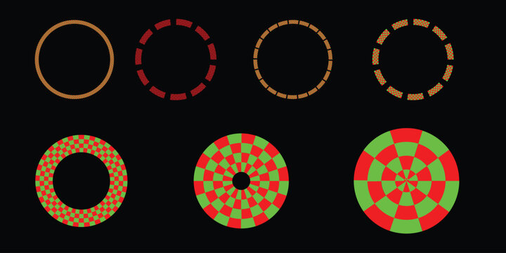 Geometric circular patterns and target icons, set of 7 vector elements with dashed lines and checkerboard designs, red and green optical illusion circles on black background