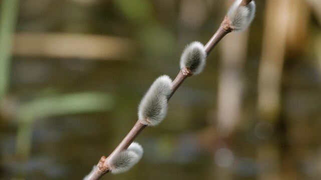 Dragonfly landing as willow branches sway in a spring garden