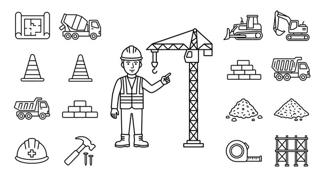 Construction Site and Building Icons Set with Worker Character Line Art
