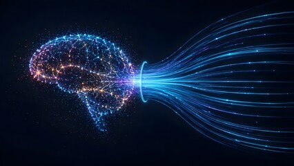 Fototapeta premium Glowing digital brain constellation receiving high speed fiber optic data stream representing artificial intelligence learning and neural network