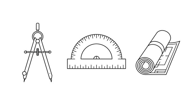 Minimalist Architecture and Engineering Tool Icon Set - Compass, Protractor, and Blueprint