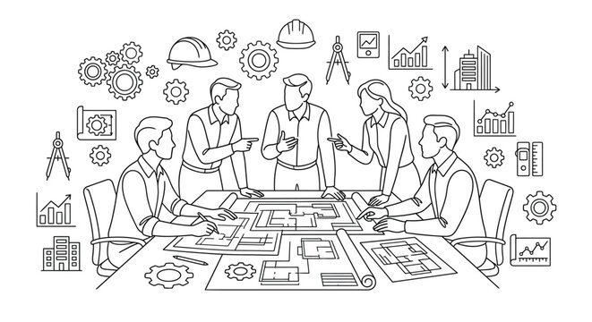 Engineering Team Blueprint Meeting Line Art Illustration