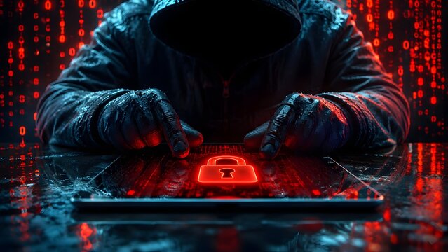 Anonymous hooded hacker using tablet with glowing red padlock icon against digital matrix background symbolizing cybersecurity threat