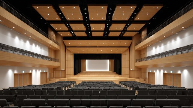 Modern Theater Interior View with Rows of Seats and Stage Lighting