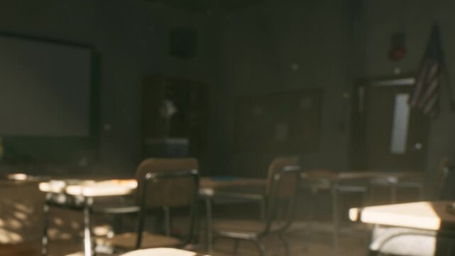 The classroom shows several empty desks with sunlight shining through the windows. Posters are on the walls, and a clock is visible. It is a typical school day with no students present.