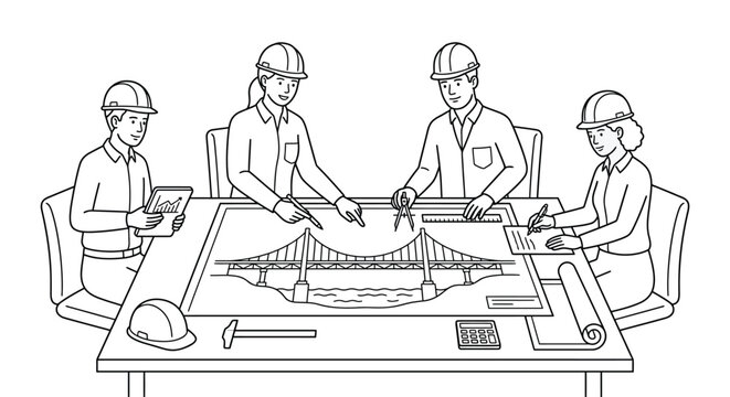 Engineering Team Planning Bridge Construction Project Line Art Illustration