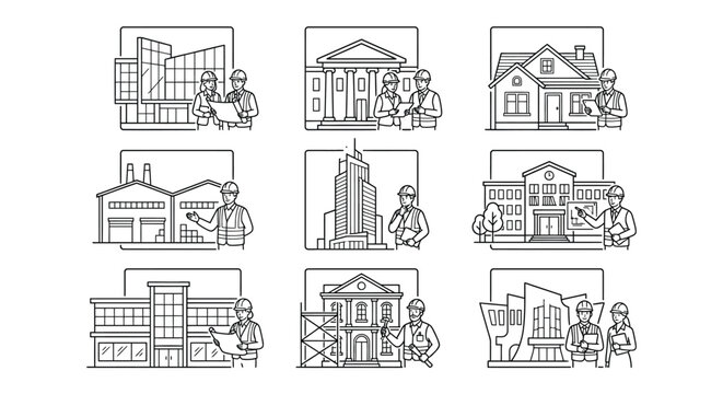 Construction and Architecture Line Art Icon Set featuring Engineers and Diverse Building Designs