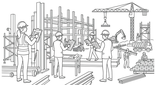Construction Site Line Art: Engineers and Workers Coloring Page