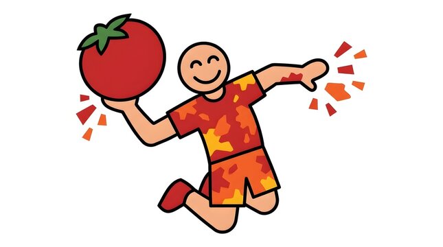 Jumping person throwing tomato with splash effect