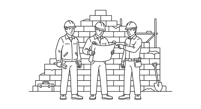 Construction Workers Looking at Blueprints Vector Line Art Illustration