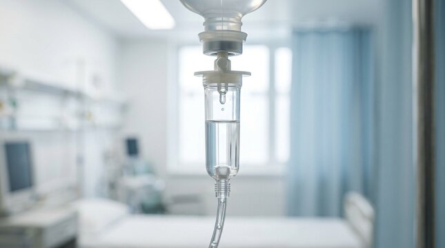 Hospital IV drip close-up in a modern medical room with bed and equipment