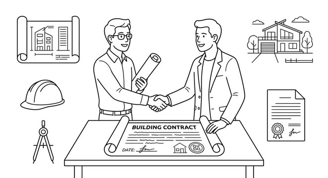 Architect and client handshake over building contract and blueprints