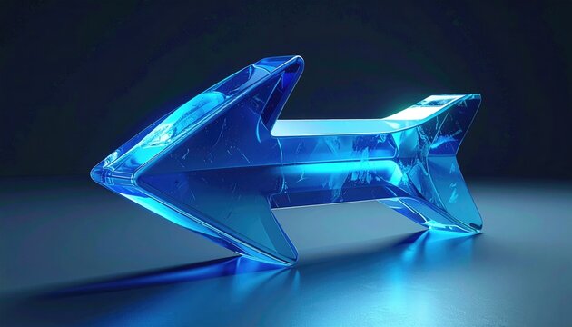 Crystalline blue arrow points left, reflecting light and casting shadow