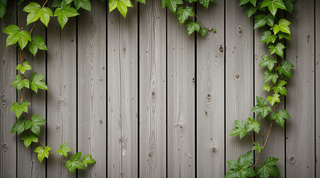 Rustic Weathered Gray Wooden Board Wall Frame with Fresh Green Ivy Vine Leaves and Copy Space