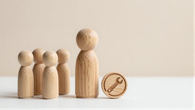 Wooden figures with a wrench, symbolizing teamwork and repair.