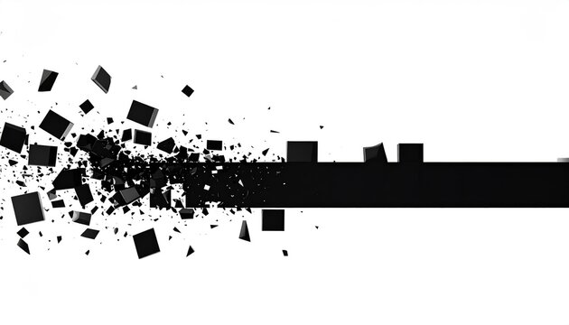 Shattering black squares explode outwards from a solid line