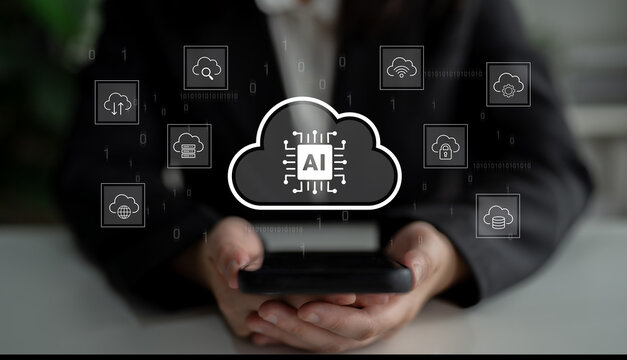 A business professional interacts with a smartphone amidst a cloud computing backdrop, highlighting the integration of artificial intelligence and digital innovation. Cyphers