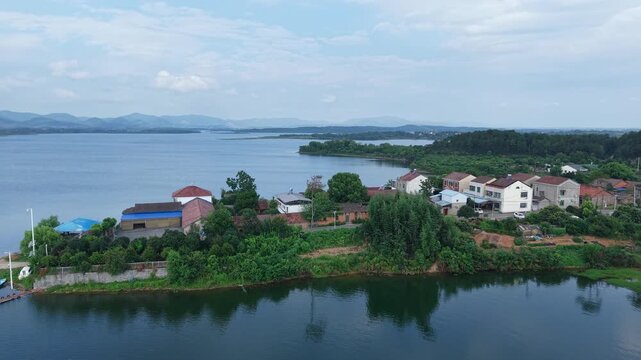 Aerial View of Huiting Reservoir and Distant Mountains, Jingshan, Hubei, China