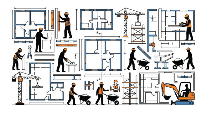 Construction Site Infographic Elements and Architecture Blueprints Set