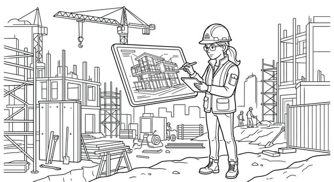 Female Architect on Construction Site Coloring Page - Modern Engineer with Digital Tablet Line Art Illustration