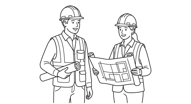 Architects and Engineers Reviewing Blueprints Line Art Drawing