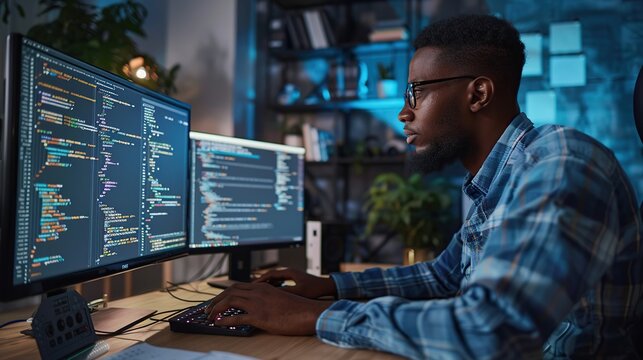 Developer Working at Computer Creating Digital Software Through Programming and Coding