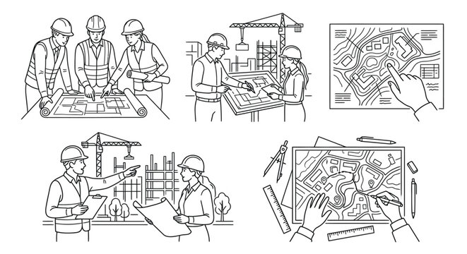 Construction and Architecture Line Art Illustration Set of Engineers and Site Planning