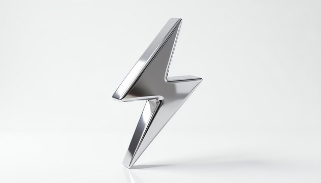 Macro 3D chrome lightning bolt with reflective sun-kissed metallic texture and detailed surface isolated on white background icon