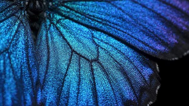 Extreme close-up of iridescent blue butterfly wing showing intricate vein patterns and glowing scales
