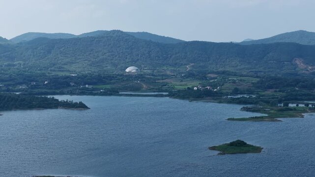 Aerial View of Huiting Reservoir and Distant Mountains, Jingshan, Hubei, China