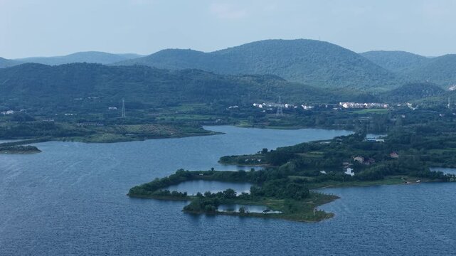 Aerial View of Huiting Reservoir and Distant Mountains, Jingshan, Hubei, China
