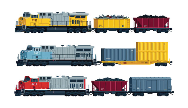 Freight cargo trains vector illustration set hauling scrap metal coal and shipping containers on white background