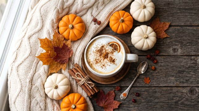 A warm cup of pumpkin spice latte served with cinnamon sticks and seasonal autumn decorations.