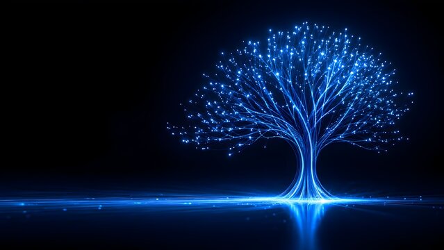 Glowing blue digital tree structure made of fiber optic nodes and light rays representing data network growth and technological connectivity concept