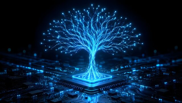 Blue digital tree growing from computer microchip processor on motherboard circuit representing artificial intelligence evolution and data technology network
