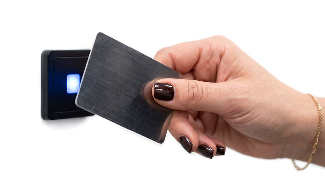 Woman's hand holding access card near security reader with blue light on white background