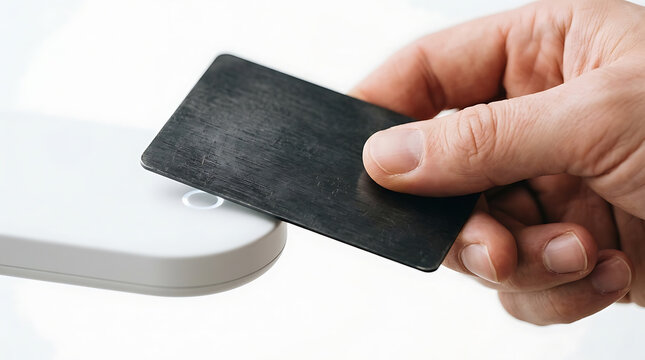 Hand holding black card near white device for contactless payment or access control