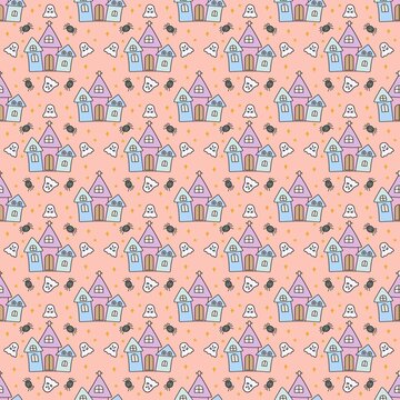 Cute pastel Halloween seamless pattern with haunted houses, ghosts and spiders