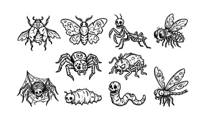 Obraz premium Halloween Zombie Bug and Spider Hand Drawn Doodle Vector Illustration Set
