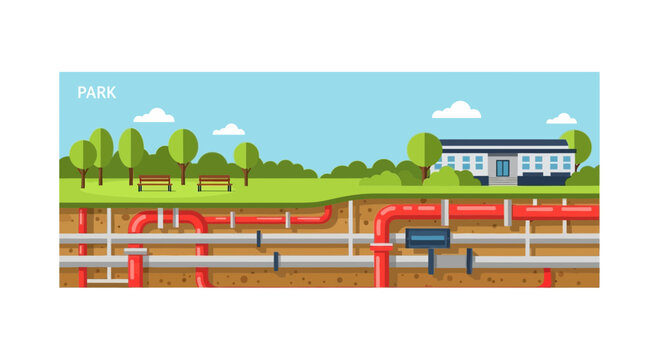 Vector Cross Section of Underground Pipes and City Infrastructure Below Park and Building