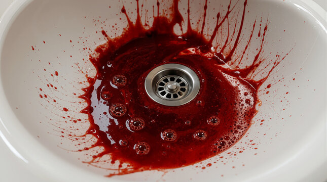 Dramatic Blood Splatter and Red Stains Flowing Down a White Ceramic Bathroom Sink Drain