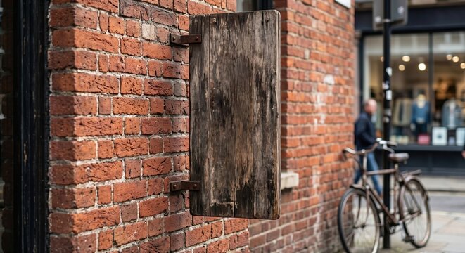 Blank Weathered Wooden Sign on Brick Wall
